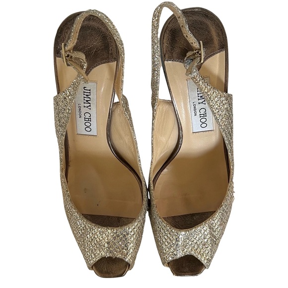 Jimmy Choo Leather Glitter Open Toe Sling Back Heels Champagne Gold Size 38.5 - Picture 7 of 14